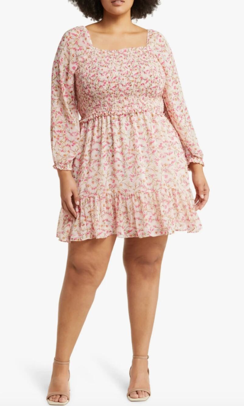 1.STATE Smocked Bodice Floral Print Long Sleeve Dress Plus Size 1X Pink Feminine